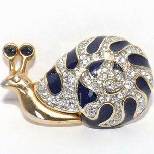 SWAROVSKI Crystal Black Enamel Swan Logo Signed Gold Plated Snail Pin Brooch